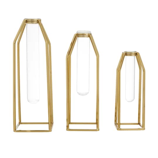 CosmoLiving by Cosmopolitan Set of 3 Gold Stainless Steel Glam Vase, 13" x 5" x 5"